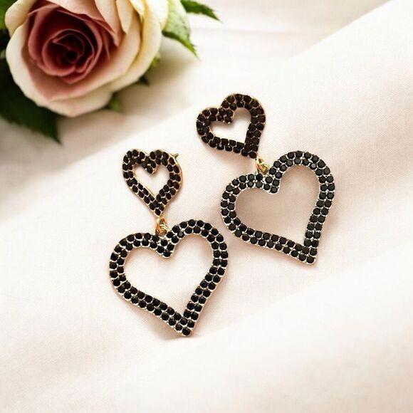 Black Rhinestone Double Heart Gold Tone Dangle Earrings - Picture 2 of 2